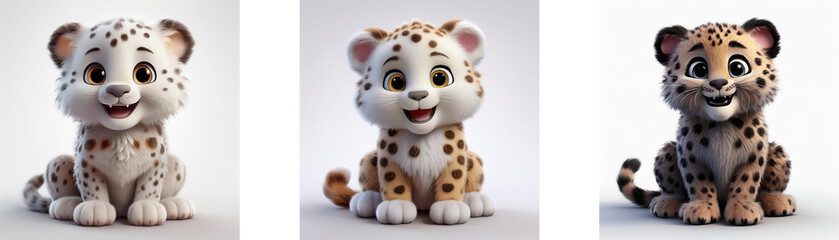 Obraz premium Three cute cartoon baby leopards in different color variations are sitting and smiling. Isolated on white background.