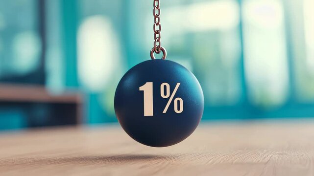 A close-up of a blue ball with a 1% symbol, a small percentage or fraction in a modern