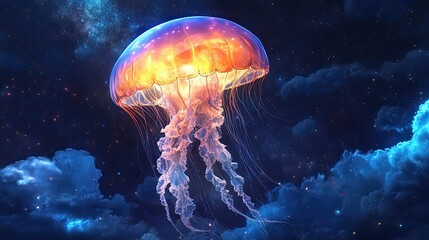Bioluminescent Jellyfish in a Starry Night Sky