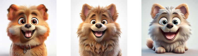Obraz premium Three cartoon dogs of different colors are looking at the camera with smiling expressions and sticking out their tongues. They are isolated on white background.