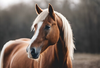 Obraz premium A close-up portrait of a horse. The horse's expressive eyes and strong features are highlighted against a blurred background, creating a serene and captivating image.