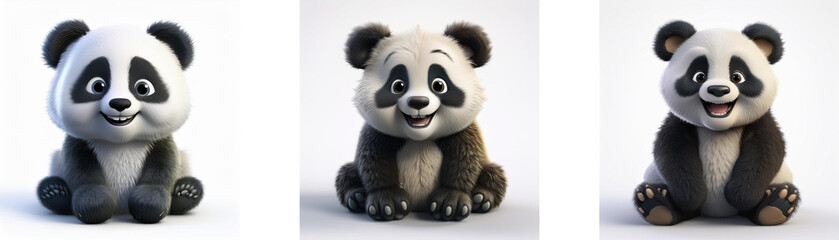 Fototapeta premium Three cartoon baby pandas, sitting and smiling, isolated on white background.