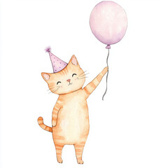 Adorable Cat with Balloon in Watercolor Style