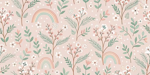 Delicate Floral and Rainbow Pattern with Scattered White Dots on a Soft Pink Background