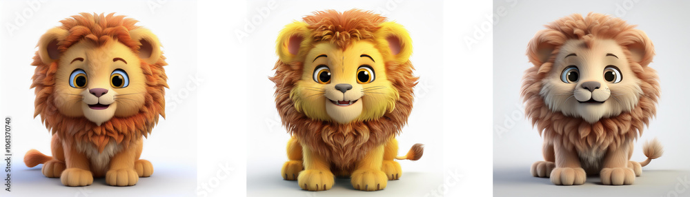 Poster three cartoon lion cubs sit in different poses. the lions are rendered in a 3d style and isolated on