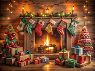 Fototapeta premium Cozy Christmas Scene with Paper Craft Fireplace, Stockings, and Wrapped Gifts for Holiday Decor, Peaceful Winter Atmosphere, and Festive Cheer