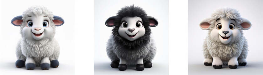 Obraz premium Three cartoon sheep in different colors, sitting and smiling, isolated on white background.