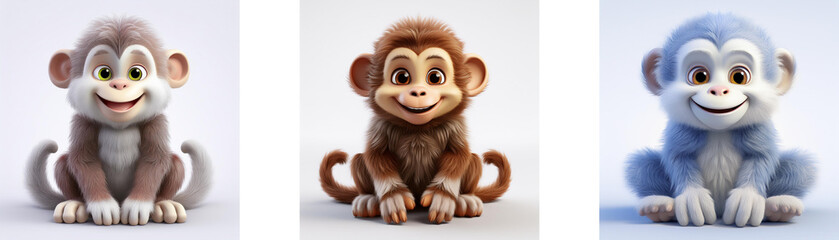 Obraz premium Three cartoon monkeys, in different colors, sitting and smiling isolated on white background.