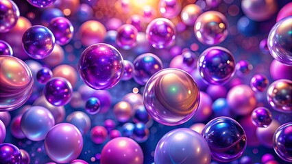 Abstract spherical forms shimmer with iridescent hues, dancing in a symphony of light and color.