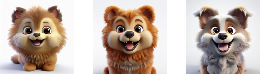Fototapeta premium Three cartoon dogs with fluffy fur, smiling with their mouths open, looking at the camera, isolated on white background.