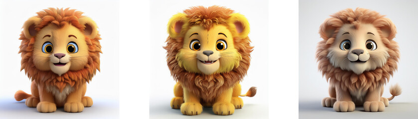 Three cartoon lion cubs sit in different poses.  The lions are rendered in a 3D style and isolated on white background.