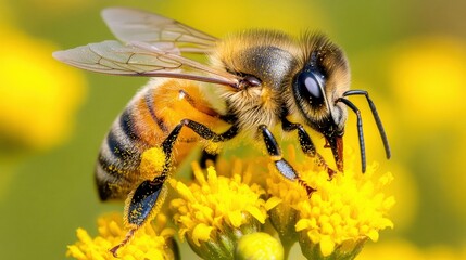 A close-up of a bee collecting pollen from a yellow flower.