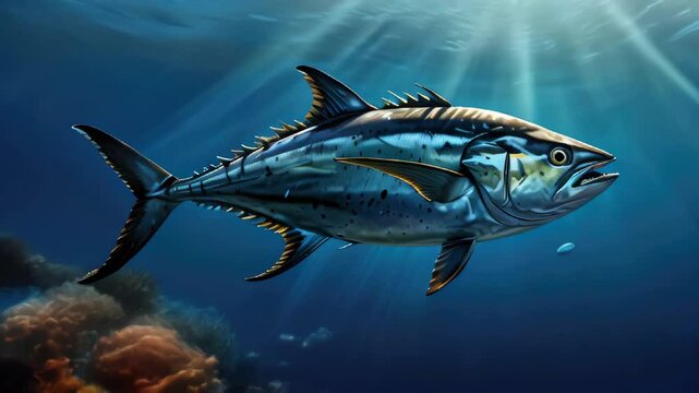 Tuna Fish Swimming in the Clear Blue Ocean. Marine Life.