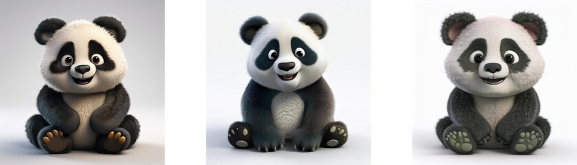 Naklejka premium Three cartoon pandas sitting in a row, looking at the viewer with a smile, isolated on white background.