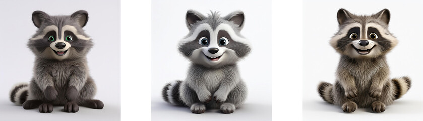 Obraz premium Three cartoon raccoons sitting upright, smiling, and facing forward isolated on a white background.