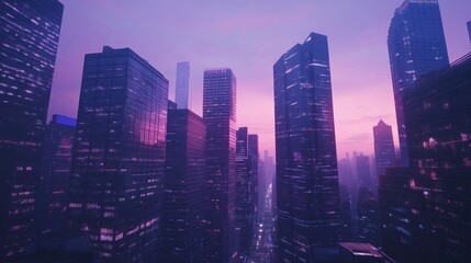 Fototapeta premium Magnificent Cityscape at Twilight: Towering Skyscrapers in Vibrant Hues