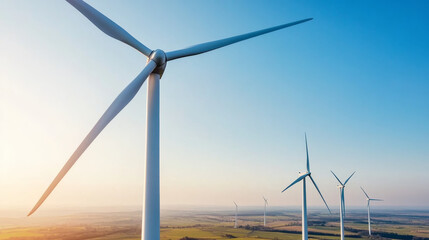 Fototapeta premium Wind turbines stand tall against clear blue sky, showcasing renewable energy in vast landscape. scene evokes sense of sustainability and innovation