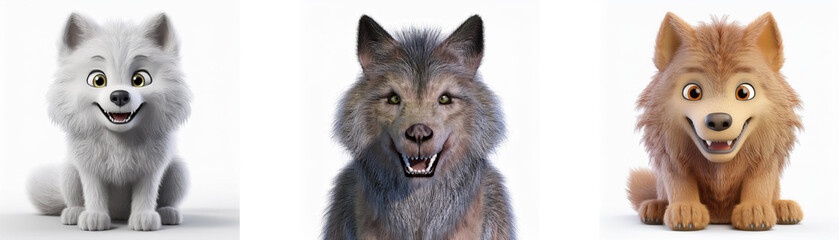 Fototapeta premium Three cartoon wolves in different colors sitting and smiling, isolated on a white background.