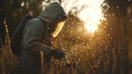 Beekeeper in protective suit holding honeycomb frame with bees flying around.