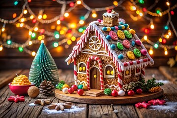 Colorful Gingerbread House Decorated with Icing and Candies in Urban Exploration Style
