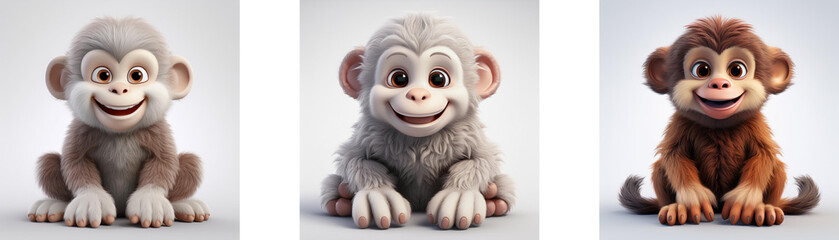 Obraz premium Three cartoon monkeys sit on a white background. The monkeys are different colors, but all have the same facial expression and pose.