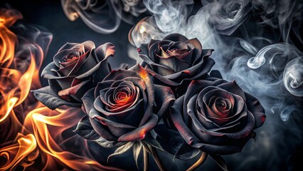 Obraz premium Dark black roses enveloped in smoke and flames create an elegant yet dramatic aesthetic, perfect for gothic decor and unique gift ideas that capture attention.
