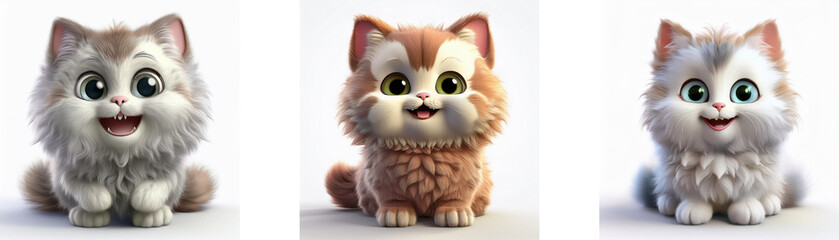 Fototapeta premium Three cartoon kittens with large eyes, smiling, sitting on a white background.