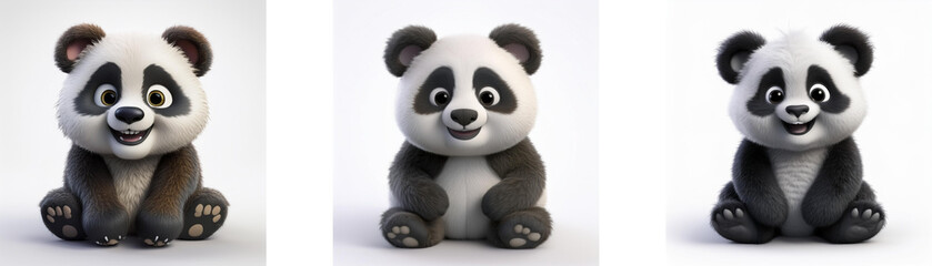 Three cartoon baby pandas are sitting, smiling, and facing forward isolated on a white background.