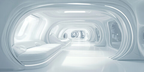Obraz premium A futuristic interior design featuring sleek, white walls and smooth curves creates serene and minimalist atmosphere. spacious layout invites relaxation and contemplation