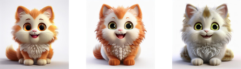 Obraz premium Three cartoon kittens with large eyes, sitting and smiling, isolated on white background.