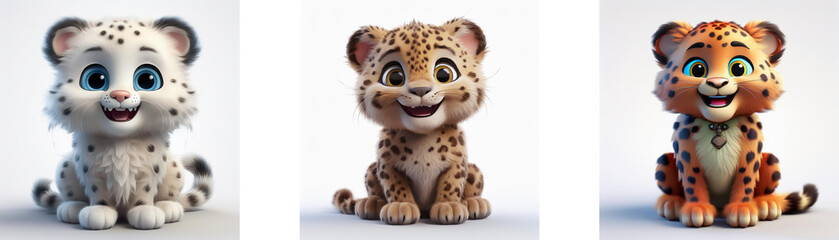 Obraz premium Three cartoon baby leopards in different colors sitting and smiling isolated on white background.
