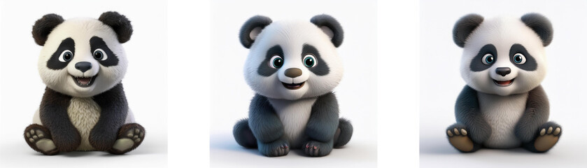 Three cartoon baby pandas sitting isolated on a white background.