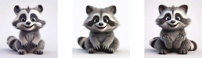 Fototapeta premium Three cartoon raccoons are sitting on a white background.