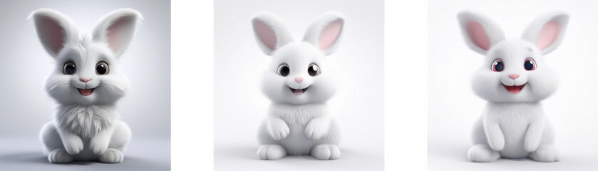 Fototapeta premium Three white cartoon rabbits are sitting in different poses, all with big eyes and smiles. isolated on white background