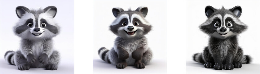Obraz premium Three cartoon raccoons sit in various poses isolated on white background.
