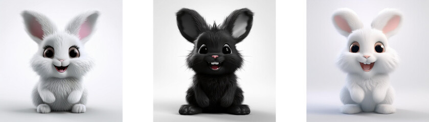 Obraz premium Three cartoon bunnies, one white, one black, and one white, sitting on a white background.