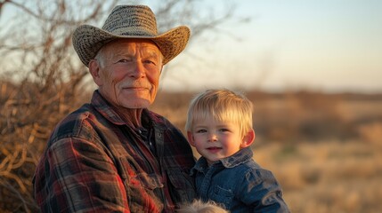 A grandfather and his grandson share a moment together in a field.