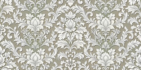 An intricate pattern of white floral motifs on a soft beige background, creating a timeless and elegant visual tapestry.
