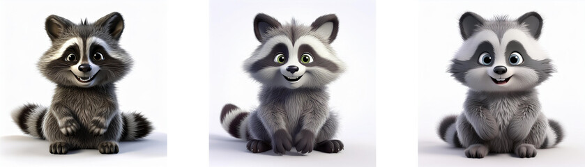 Fototapeta premium Three cartoon raccoons are sitting and looking at the camera. They are all smiling and have black eyes and a white muzzle. Their fur is a mix of gray and white. They are isolated on a white background