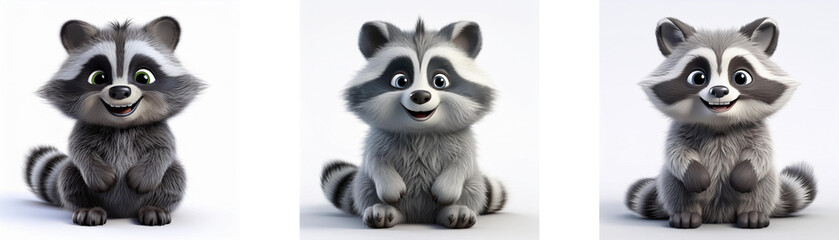 Obraz premium Three cartoon raccoons with black eyes, white fur on the face and tail stripes, are sitting on a white background.