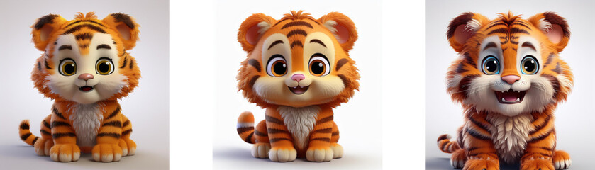 Obraz premium Three cute cartoon tigers in different poses, isolated on white background.