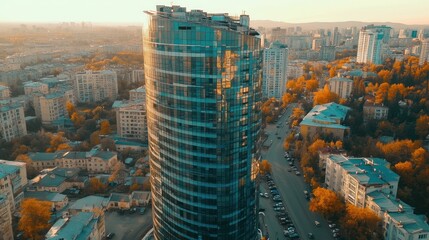 Obraz premium Aerial view of a modern skyscraper surrounded by urban landscape in autumn.