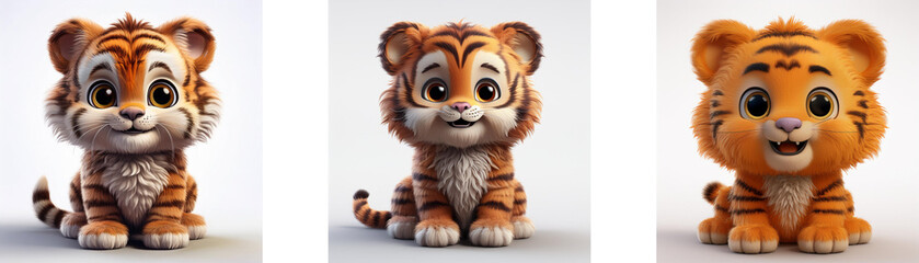 Three cartoon baby tigers are sitting, looking forward with big eyes. Each tiger has a different color tone with the same design. They are isolated on a white background.