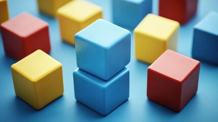 Fototapeta premium Colorful toy blocks on a blue background in a geometric arrangement