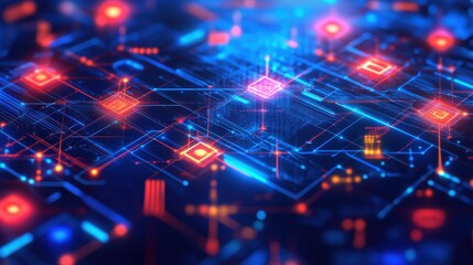 Fototapeta premium Futuristic digital network with glowing neon circuits and grids
