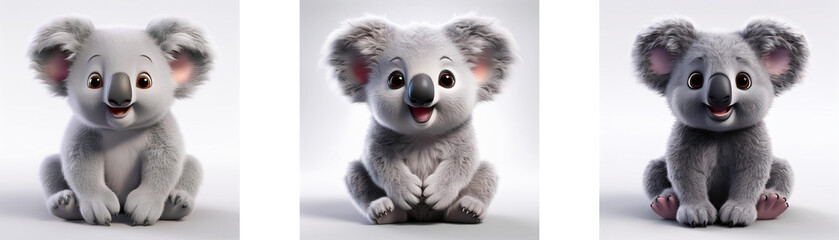 Three cute koala bears sitting down with smiling expressions isolated on white background.