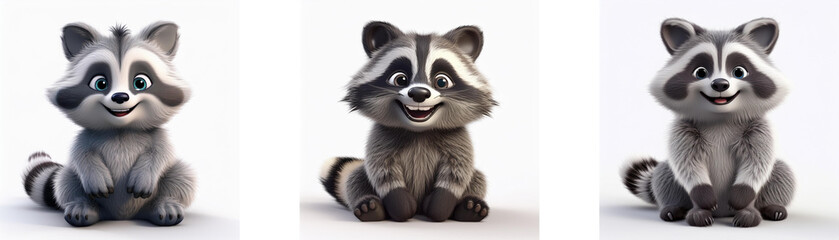 Fototapeta premium Three cartoon raccoons sitting with a smiling expression, isolated on white background.