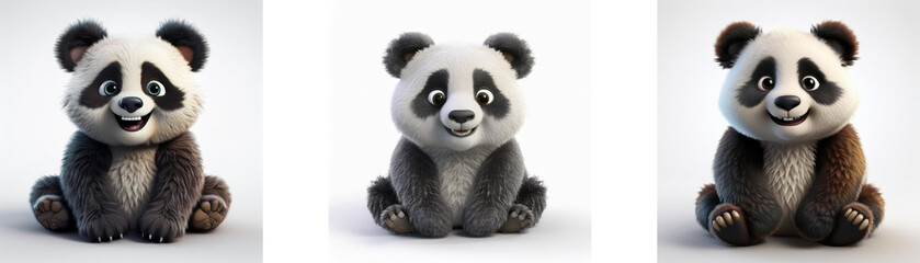 A cute cartoon panda bear sitting on its hind legs and smiling, isolated on white background.