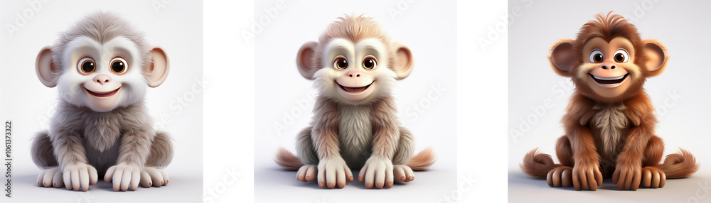 Poster three cartoon monkeys with different fur colors are sitting in a row, isolated on white background.