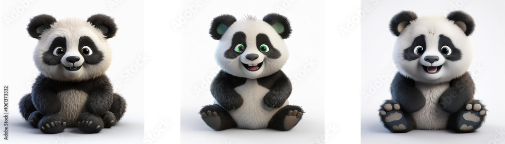 Poster three cartoon pandas are sitting and smiling, isolated on a white background.